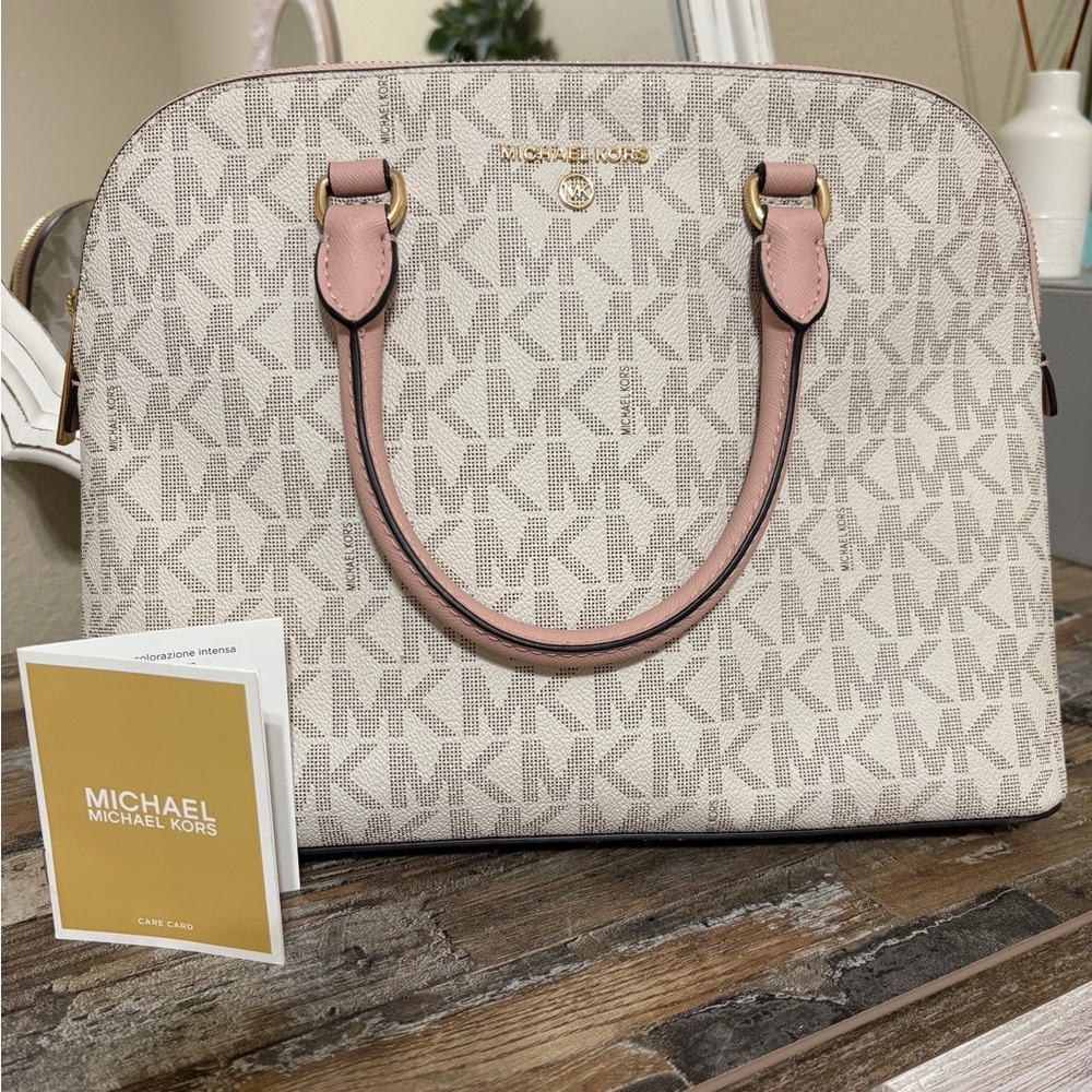 Michael Kors Monogram Satchel in Cream and Pink